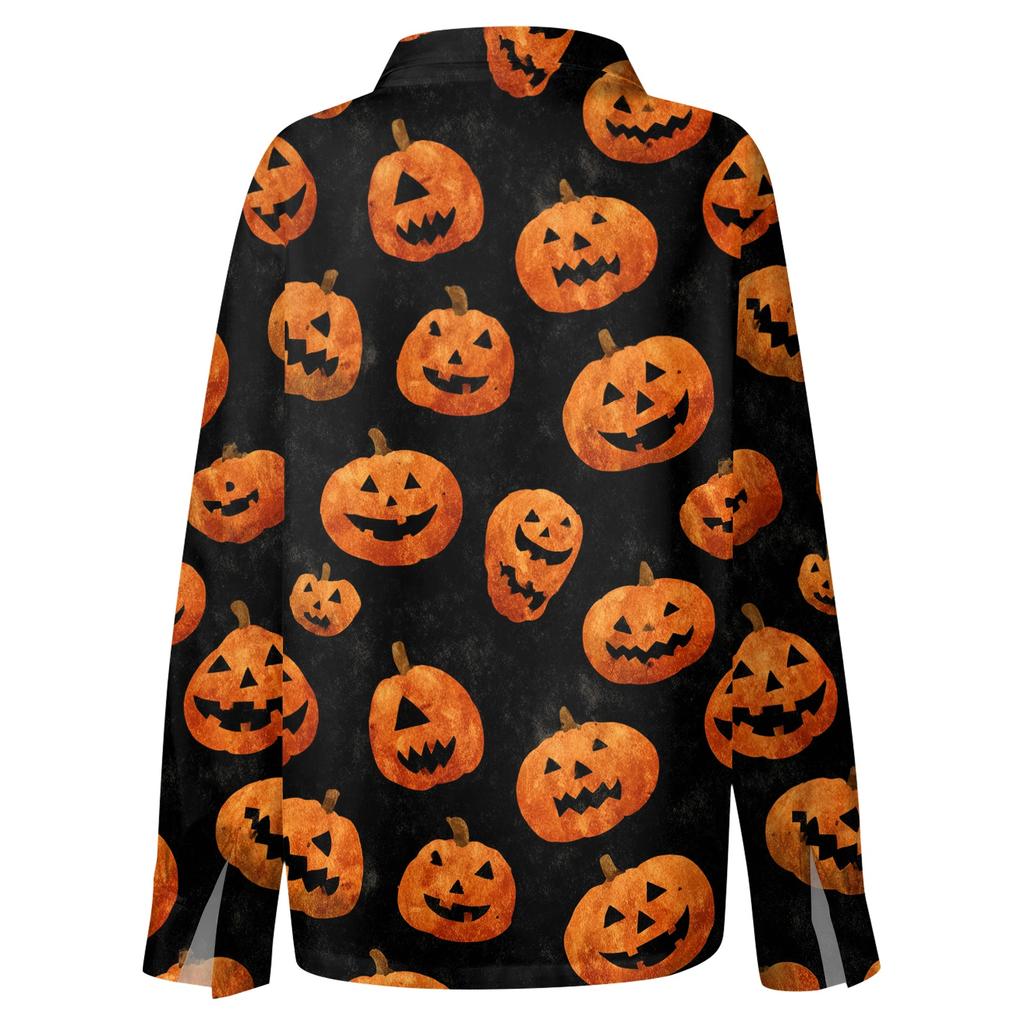 Women’s Halloween Print Button Down Long Sleeve Fit Shirt Turn Down Collar Top for Casual Daily Wear
