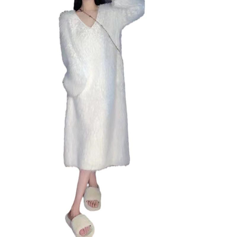 Temperament celebrity style soft waxy sweater skirt women's autumn and winter new lazy imitation mink plush long knitted dress