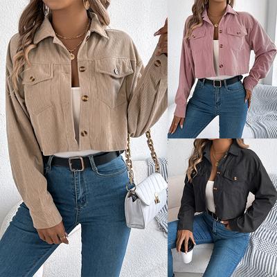 Women Spring Autumn Casual Long Sleeve Lapel Solid Color Pocket Corduroy Jacket Coat