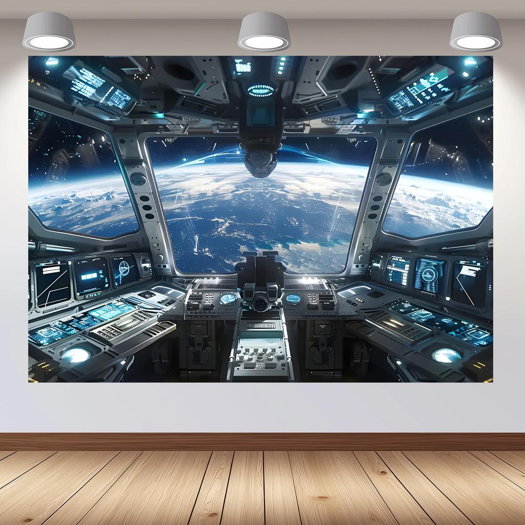 One polyester spaceship cockpit wall decoration, futuristic navigation control room design, multi-functional banner