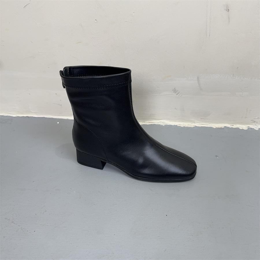 Johnature Genuine Leather Retro Thick Heel Mid-calf Boots Square Toe Versatile Women's Shoes