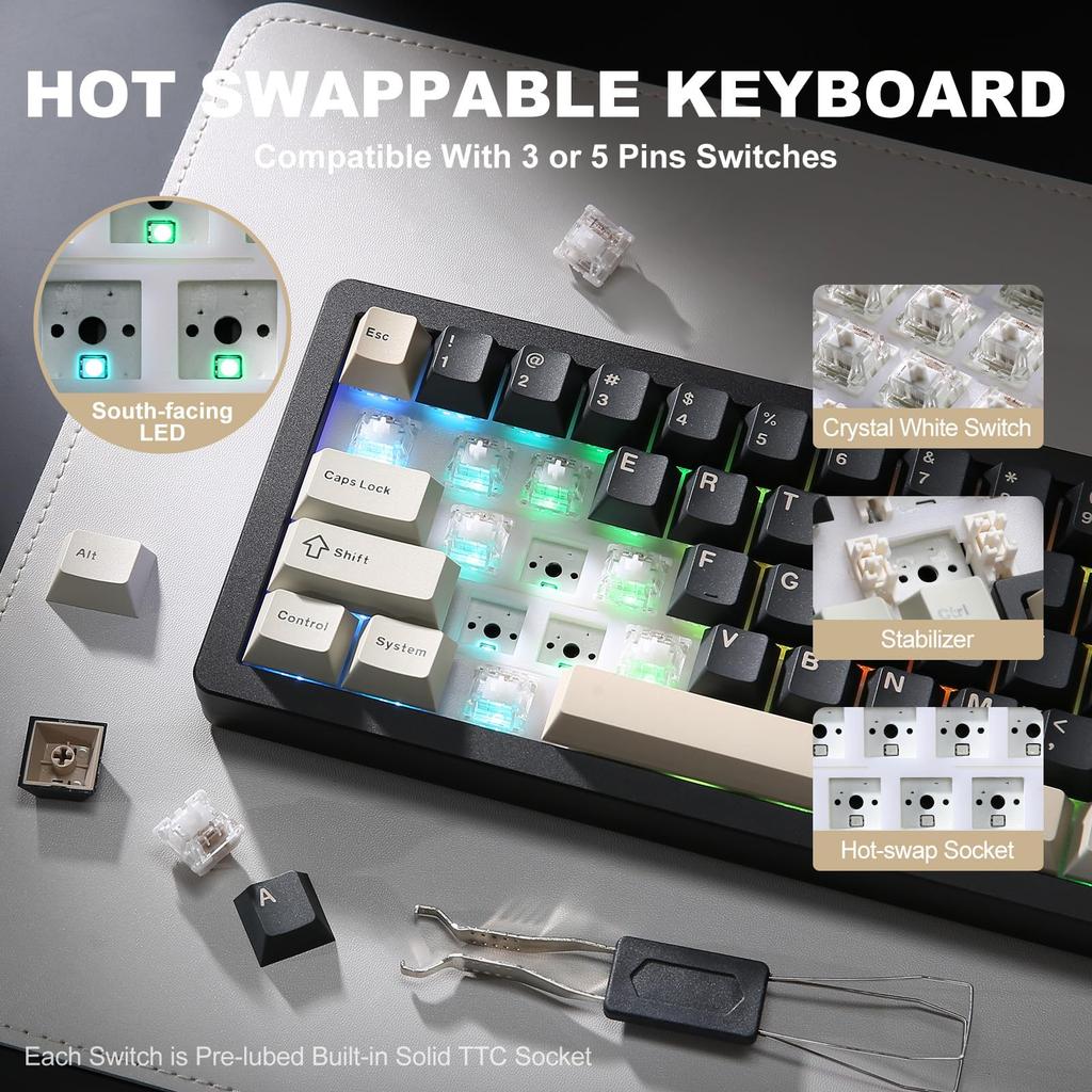 YUNZII AL71 Gaming Full Aluminum Mechanical NKRO Wireless RGB for Technical Standards Compliance Certified Crystal White 68% Keyboard, CNC, Hot-Swap,