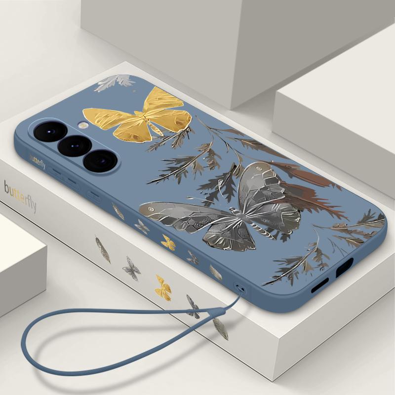 Plating Lens Golden Butterfly Pattern Case For Samsung Galaxy A56 A17 A26 A16 A36 A55 A54 A53 A15 S24 S25 FE S25 S22 S23 Ultra Plus Lanyard Soft Cover