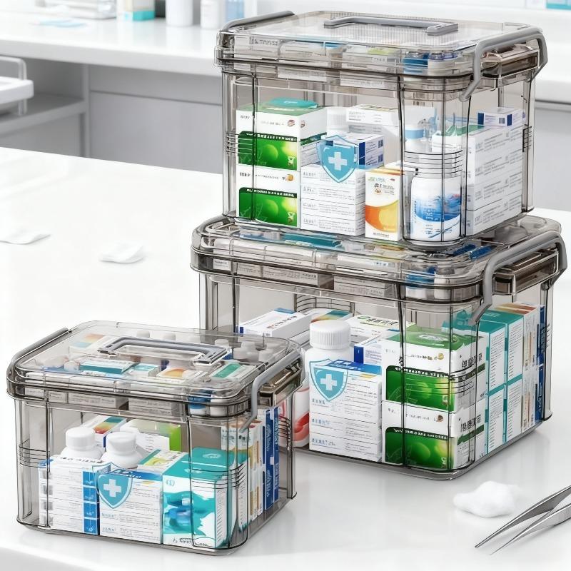 Transparent Family Medicine Box with Tray Plastic First Aid Kit Portable Thick Medicine Classification and Storage Box