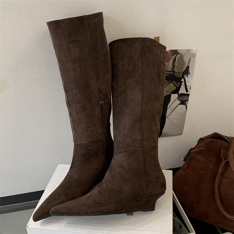 Fashion Eilyken Autumn Winter Vintage Design Pointed Toe Knee High Boots Women Wedges Heels Female Long Booties Zapatos De Muje