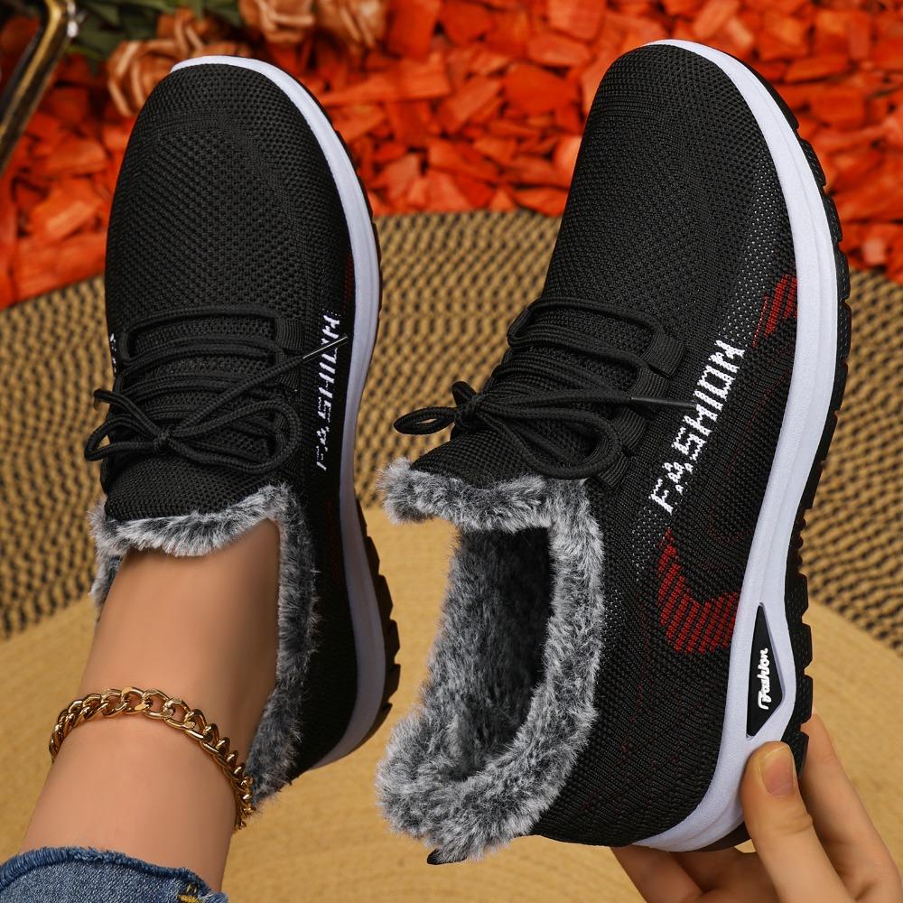 Women Winter Fleece Lined Fly Woven Mesh Sneakers, Soft Sole Warm Casual Walking Sports Shoes
