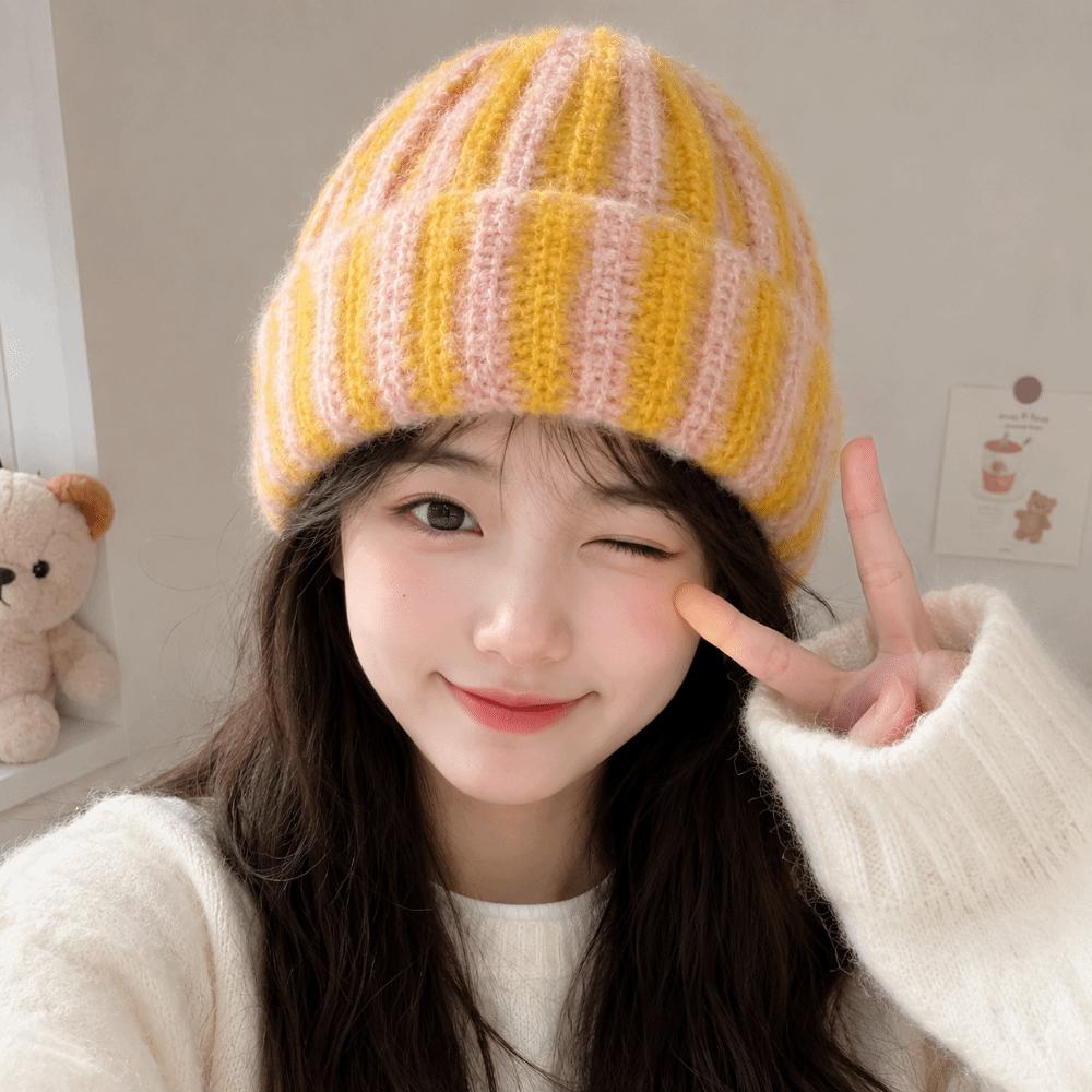 Soft Ribbed Knit Cap Color Blocked Warm Hat Brimless Striped Beanie Hat Autumn Winter