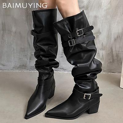 Chunky Women High Boots Leather Pointed Toe Mid Heels Shoes 2025 Trend Designer Buckle Pumps Goth Knee High Winter Botas Mujer