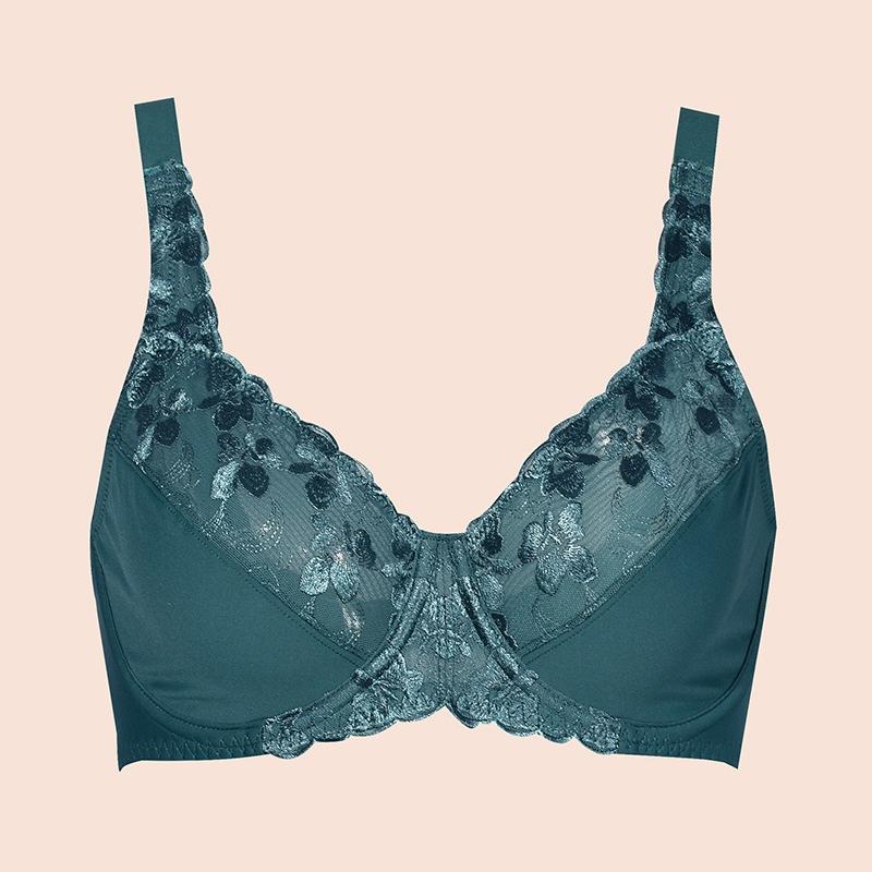 

Европейское и американское свежее темно-зеленое изысканное вышитое нижнее белье ультратонкое большого размера бюстгальтер с полной чашкой 75D темно-зеленого