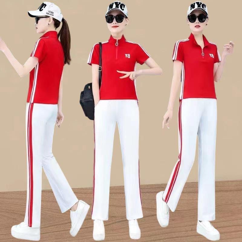 Casual Sports Suit Women's Stand-up Collar Short-sleeved Summer Fashion Age-reducing Straight Pants Two-piece Set