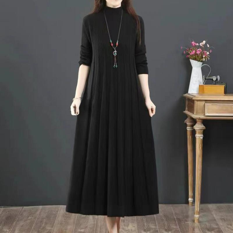 Vestido de Punto Otoño e Invierno Cuello Medio Alto Suelto Por Encima de la Rodilla Línea A Falda Suéter Suéter Largo Camisa de Fondo para Mujer