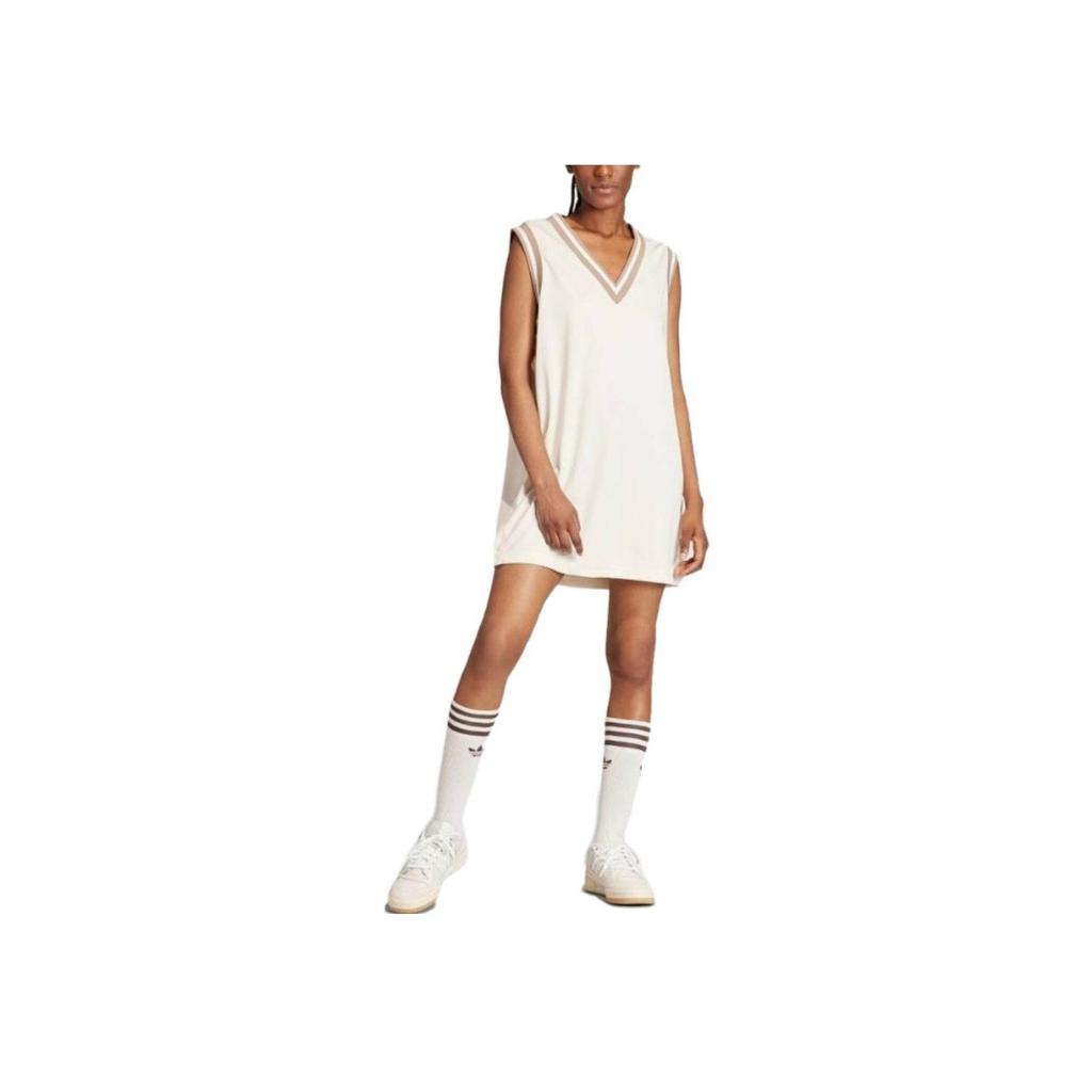 Adidas Originals Solid Color V-Neck Casual Loose Short Sleeveless Dress Women Dresses White IS5261