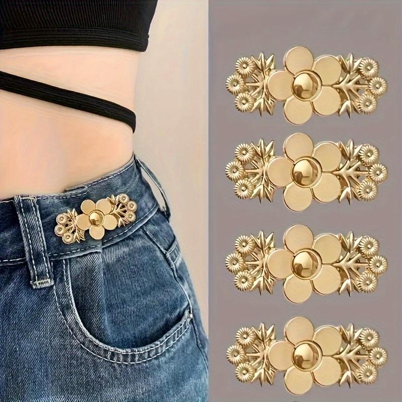 1 Stück Florale Denim Taillenstraffer, Sofortige zum Einknöpfen Goldene Hosenversteller, Abnehmbare Nahtlose Denimstoff-Nadeln, Verstellbarer Taillengürtel Florale Schnallen