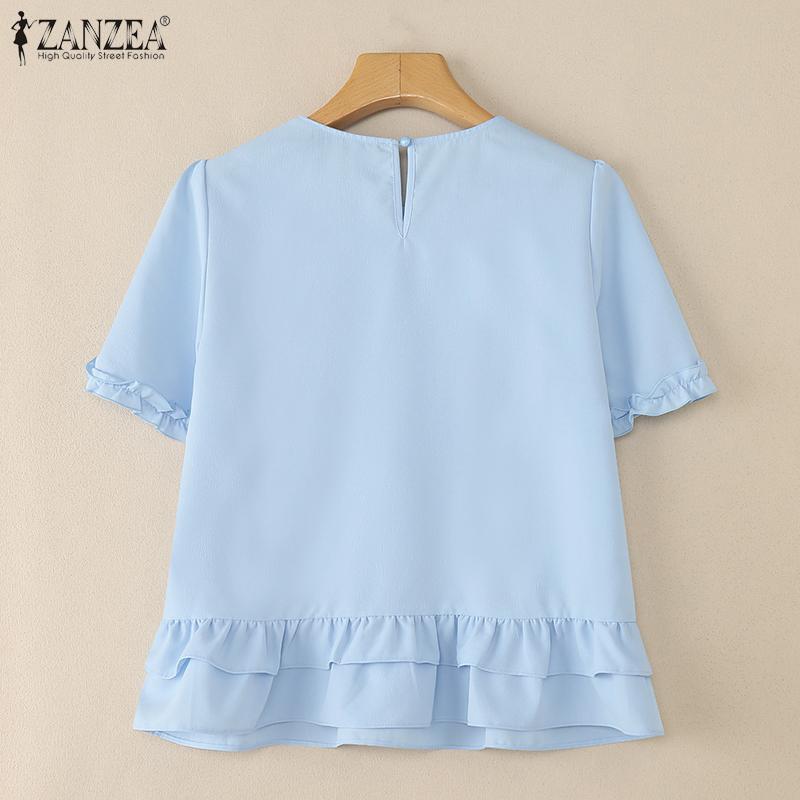 ZANZEA Women Casual Round Neck Summer Short Sleeve Blouse