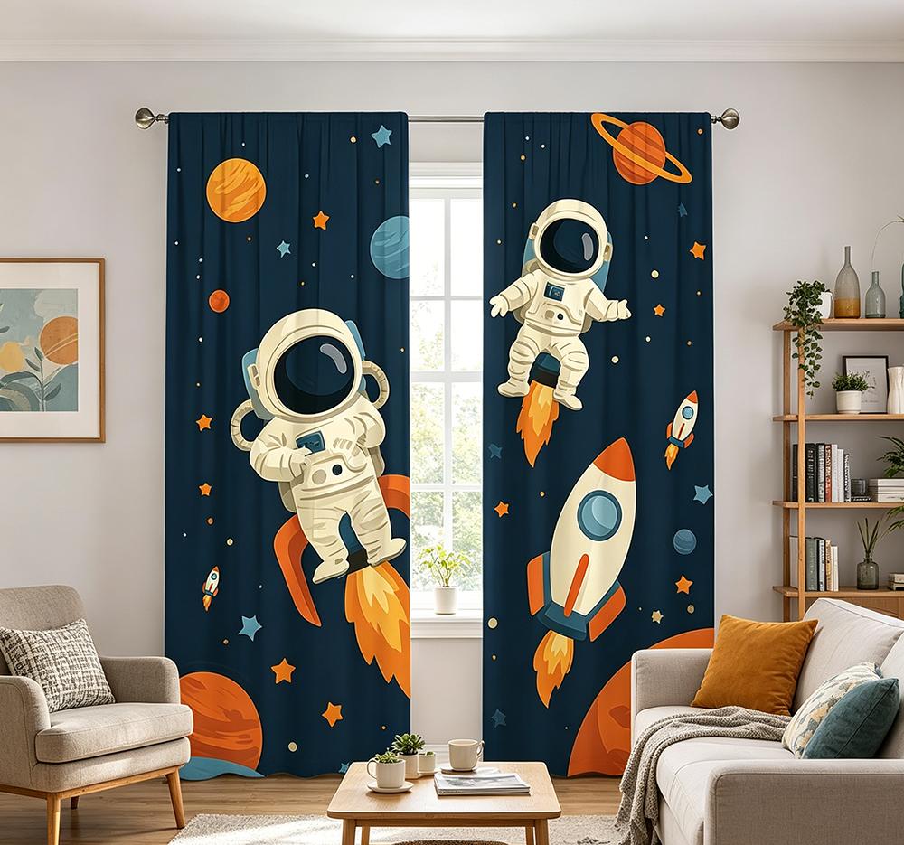 2PCS Digital Printed Curtains with Astronaut Space Design, Stylish Window Drapes for Living Room Bedroom Home Decoration