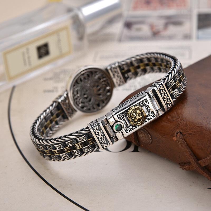 Factory Price S925 Sterling Silver Retro Men Hand-Woven Rattan and Grass Pattern Circular Color Blocking Trendy Bracelet Jewelry