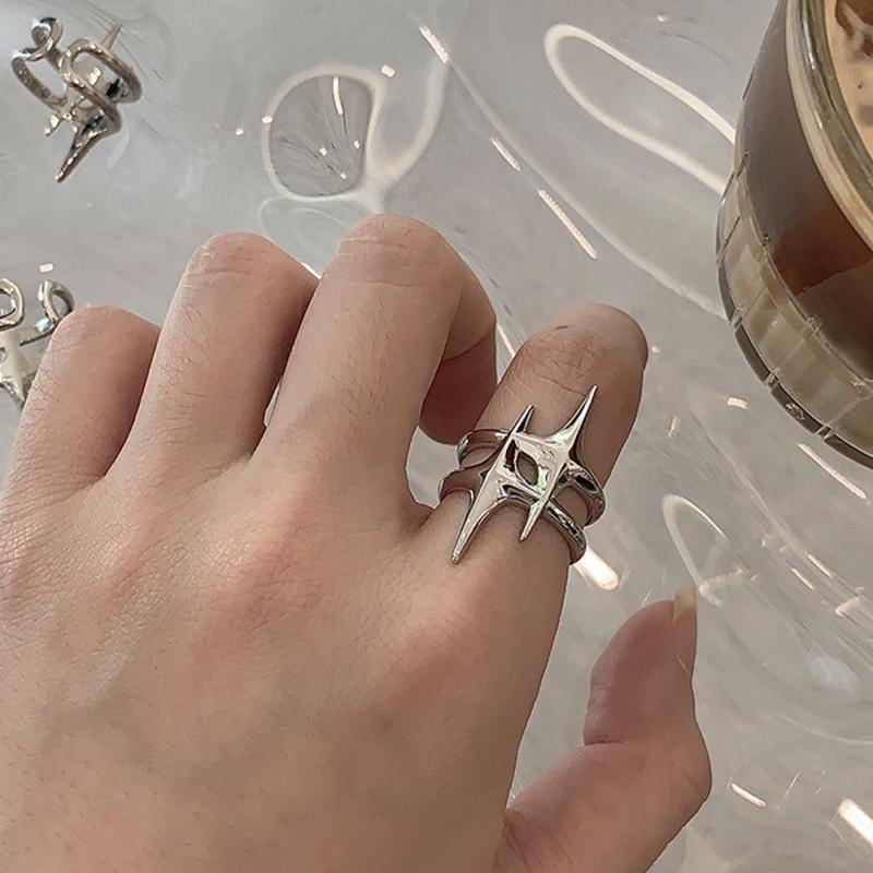 Geometric Starburst Double Layer Adjustable Silver Ring for Women