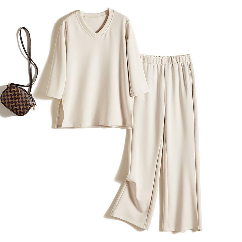 

Light Luxury Workplace Goddess Set Pants! Elegant Women ICE Cotton round Neck Long Oval T-shirt + Long Wide Leg Pants Beige L