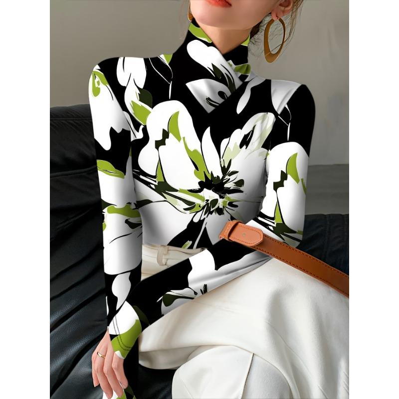 Women'S High Neck Turtleneck Sweater T-Shirt Base Layer Printed Long Sleeve Elegant Top