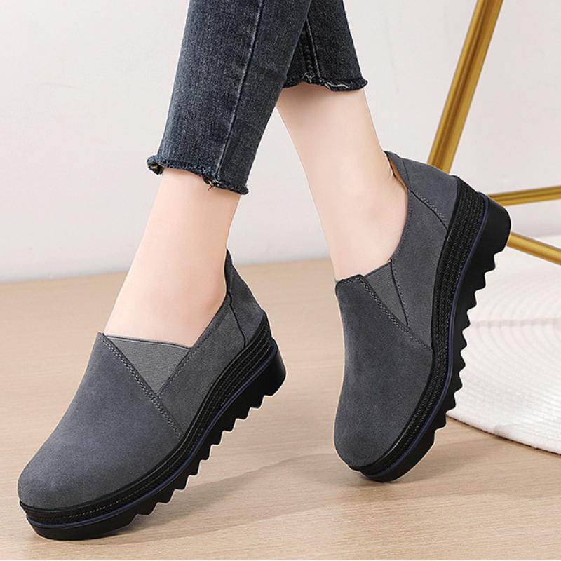 Rutschfeste Damen Plateau Schuhe Mode Kuhveloursleder Keilabsätze Slipper Loafer Freizeitschuhe