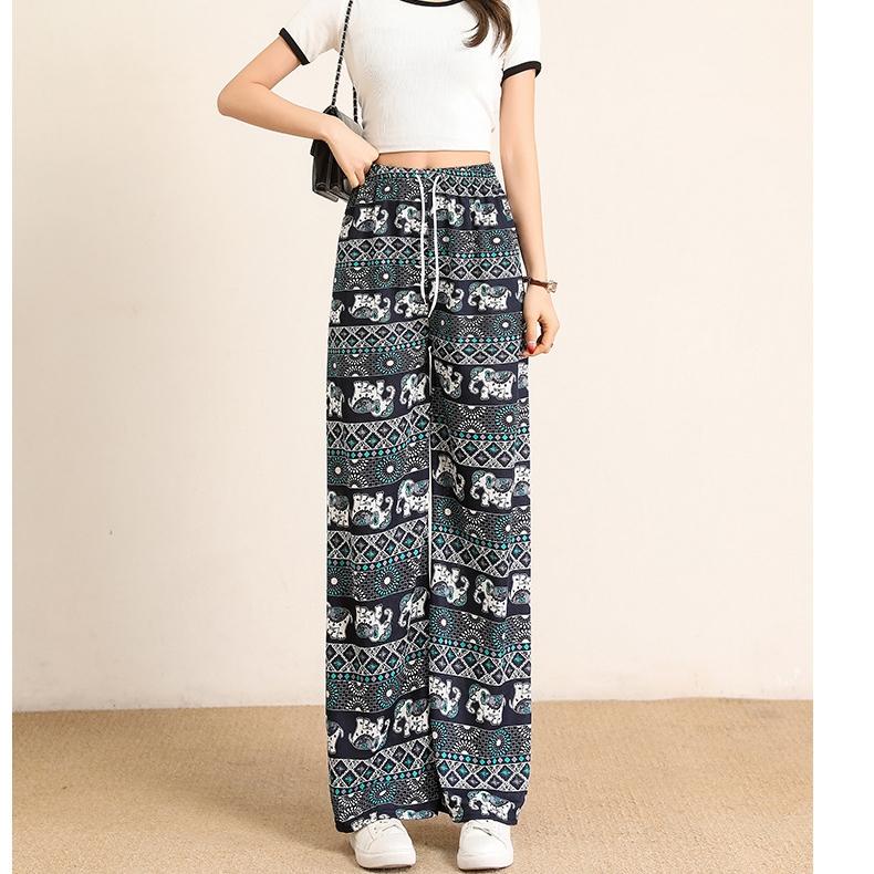 Women's Wide Leg Pants Elastic High Waist Drawstring Elephant Print Pants