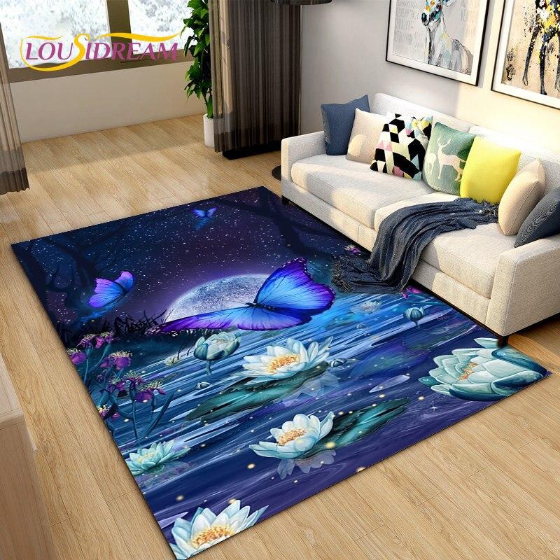 3D barevný koberec Butterfly Flower Area,Koberec do obývacího pokoje Ložnice Pohovka Yoga,Kuchyně Koupelna Rohožka Protiskluzová podložka na podlahu