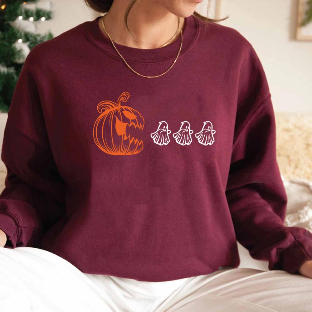 Pumpkin Halloween Sweatshirt Halloween Ghost Hoodie Fall Sweatshirt for Women Spooky Season Pullover Long Sleeve Graphic Hoodies