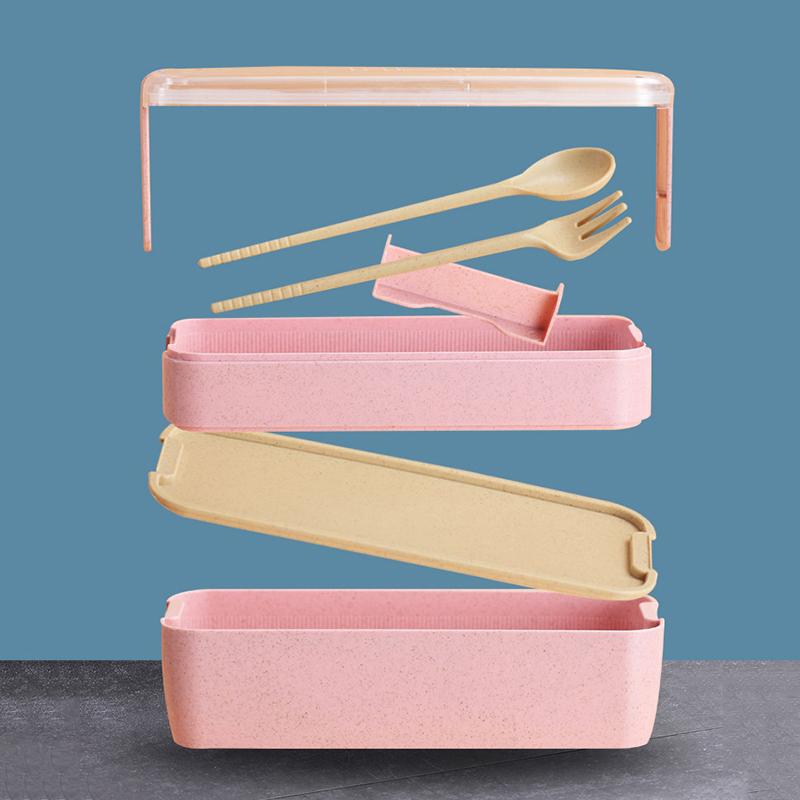 Double-Layer Wheat Straw Lunch Box With Fork And Spoon Microwave Safe Portable Lunch Box For Office Workers And Students