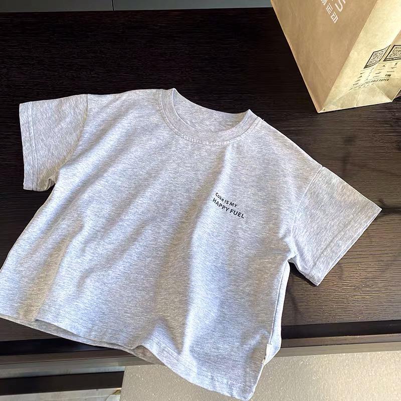 Summer Pure Cotton Kids Round Neck Short Sleeve T Shirt Boys Girls Versatile Solid Print Base Layer Top