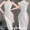 Sex underwear retro buckle sexy temptation straps high split jacquard satin cheongsam nightdress