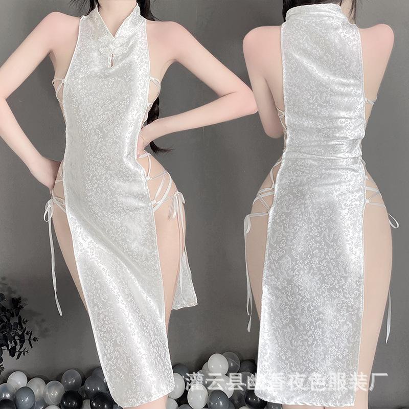 Sex underwear retro buckle sexy temptation straps high split jacquard satin cheongsam nightdress