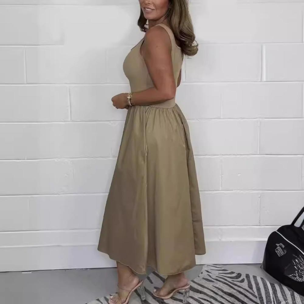 Robe Mi-longue Femme Col Rond Sans Manches Taille Empire Couleur Unie Taille Haute Robe Décontractée