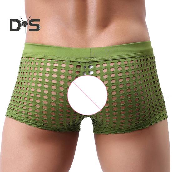 Men Sexy Hollow Out Shorts Briefs Low-rise Breathable Mesh Underwear Solid Color 3D U-convex Panties Underpants