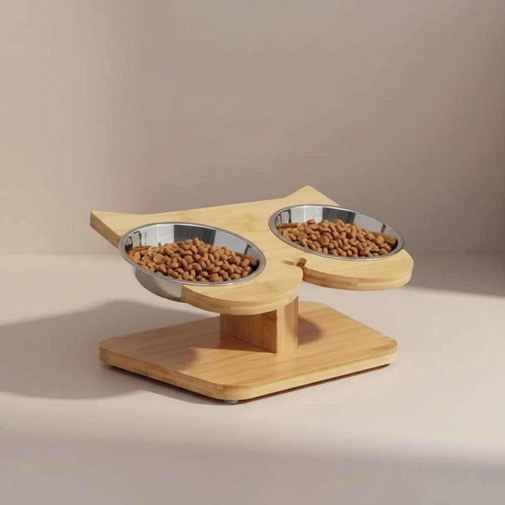 Wooden Pet Feeding Stand with Stainless Steel Bowls Compact for Cats, Young Dogs