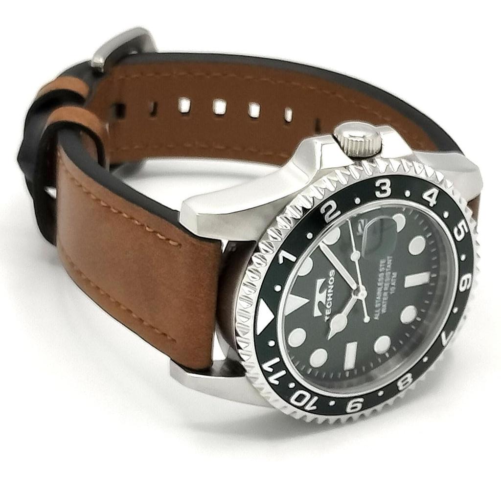 TECHNOS Dive Watch with Leather Metal Rotating Men's Strap, Strap, Bezel, Green, TASM419MM-L