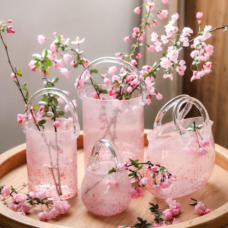 Pink Bucket Glass Handbag Bag Vase Ornament Creative Internet Celebrity Ins Feng Hydroponic Vase