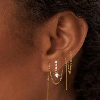 Luxury Women's Earrings Set: Real Gold-Plated Brass, Zircon-Inlaid Chain Design