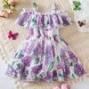 Dívčí módní podvazkové šifonové šaty Princezna květinový potisk Dětské šátkové šaty pro miminko Dětské oblečení