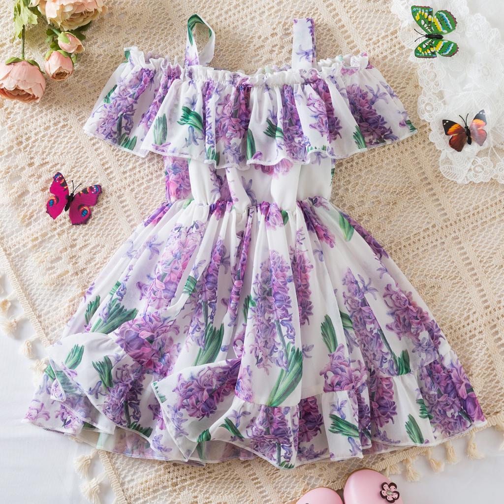 Dívčí módní podvazkové šifonové šaty Princezna květinový potisk Dětské šátkové šaty pro miminko Dětské oblečení