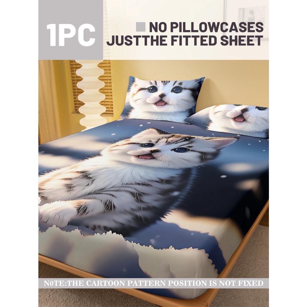 1 Cartoon Niedliches Tier Katze Digital Bedrucktes Mattiertes Spannbettlaken, Schlafzimmer Bedruckte Bettdecke, Bettwäsche(Kein Kissenbezug)