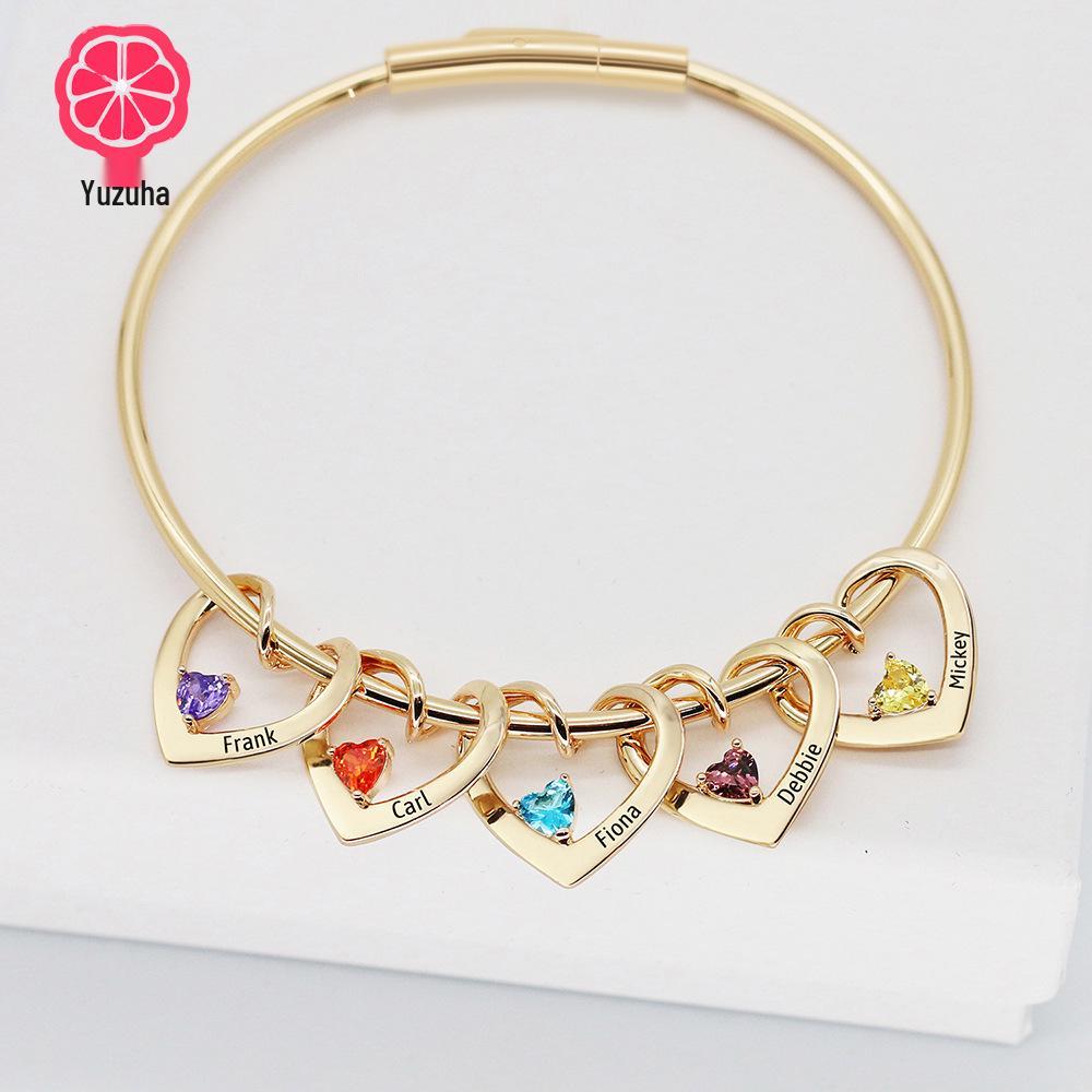 Exclusive 12-Color Birthstone Heart Bracelet with Custom Family Names – Christmas Gift