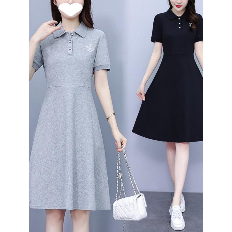 Women's Summer Embroidered Black Polo Collar A-Line Dress - Slimming & Fashionable Casual Sporty Style