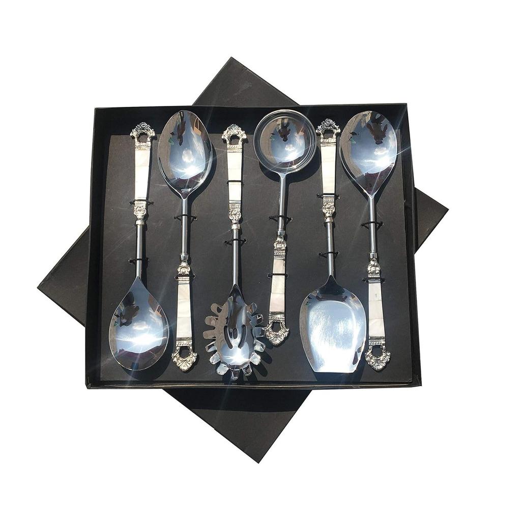 Mother of Pearl (MOP) Taj Design Brass Handle Serving Spoon with Silver Finished