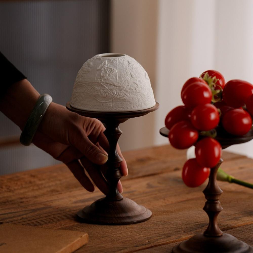 Home Retro North American Walnut Candlestick, with Bone China Ventilation Cover for Candle Decoration, Scented Table Ornament,