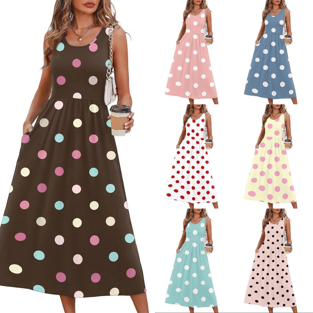 Women's Polka Dot Summer Dress, Casual Flowy Beach Sundress with Pockets, Lightweight Vacation Outfit