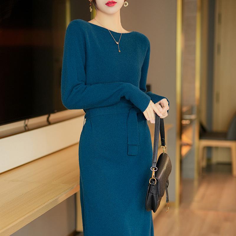 Women`s Off-Shoulder Wool Sweater Dress with