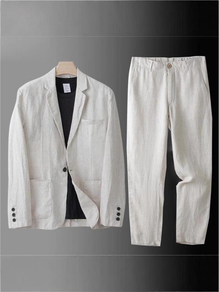 Herren Slim Fit Koreanischer Stil Leinen Sommer Anzug - Lässiges Zweiteiliges Set mit Lockerer Jacke und Sonnenschutz