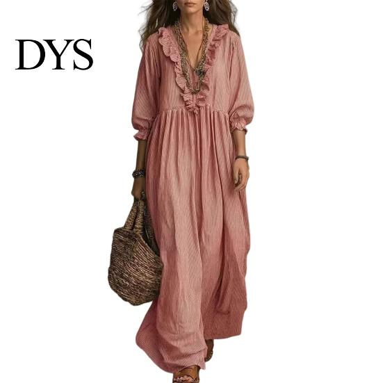 Quarter Sleeve Dress Women Summer Long Dress, 3/4 Ruffle V Neck Slimming Maxi Casual Loose Fit Flowy Beach Vacation Sundress