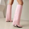 Damen Kniehohe Stiefel Winterschuhe Umgeschlagener Rand Schwarz Weiß Pink Absätze Langer Stiefel Damenschuhe Schuh
