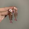 Pink Fishbone Drop Earrings Sparkling Crystal Enamel Fish Design Cute Statement Jewelry Gift for Women Girls